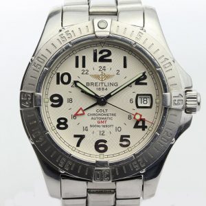 Breitling Colt GMT Gents 40mm Automatic Watch, silver colour dial, Arabic numerals, date indicator, GMT function, rotating bezel, sapphire crystal, Stainless steel bracelet, with Breitling papers.