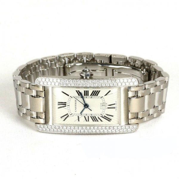 Cartier Tank Americaine 2490 Midi Size 18ct White Gold Diamond Set Automatic Rectangular Watch, white guillioche dial, Roman numerals, date aperture, 18ct white gold bracelet with concealed double deployment clasp
