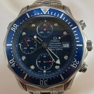 Omega Seamaster Diver 300 Chronograph Automatic 42mm Watch in Titanium; blue dial, date aperture, automatic, titanium bracelet, with Omega box