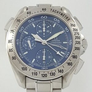 Omega Speedmaster Split Seconds Chronograph Automatic Gentleman's Wrist Watch, 42mm stainless steel case, blue dial, luminous hands, sapphire crystal, stainless steel bracelet strap. In mint condition, with Omega box.