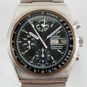 Vintage 1970's Omega Speedmaster 40mm Automatic Chronograph Steel Watch; black dial, protected by mineral crystal, bar-style steel bracelet strap