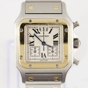 Cartier Santos Galbee Chronograph 29mm Chronoflex Steel and Gold Quartz Watch, Ref 2425, white dial, date indicator, steel and gold bracelet with hidden clasp