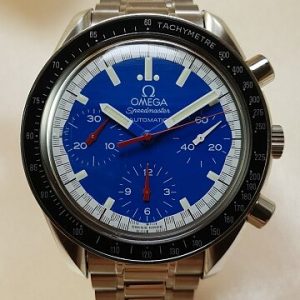 Omega Speedmaster Schumacher Automatic Watch; 39mm steel case, blue and white surround dial, chronograph, Hesalite crystal, with papers, 2006