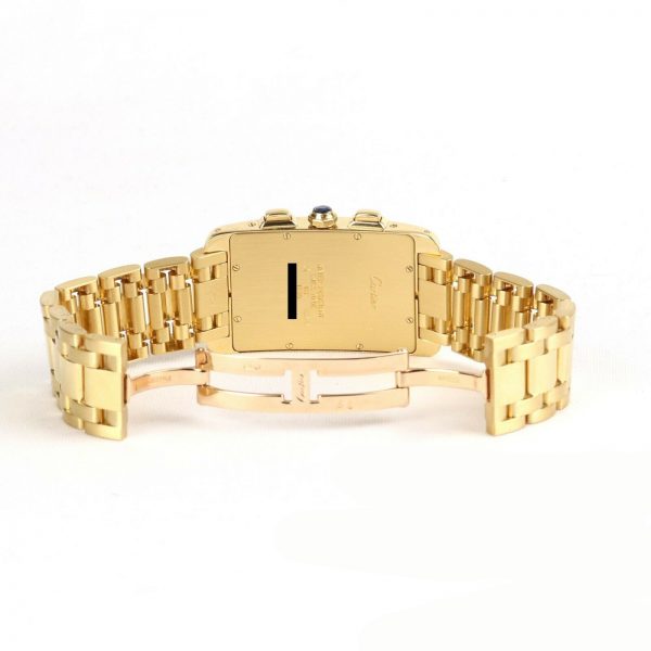 Cartier Gents Tank Americaine 1730 Chronograph 18ct Yellow Gold Quartz Rectangular Watch, white dial, Roman numerals, chronograph sub dials, sapphire crystal, faceted blue gem set crown, Cartier 18ct yellow gold bracelet with concealed double deployment clasp