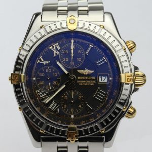 Breitling Crosswind Racing Chronograph 43mm Steel and Gold Automatic Watch, B13355, black dial, Roman numerals, date indicator, rotating bezel, sapphire crystal, screw-down crown, Stainless steel bracelet with fold over clasp, with Breitling box and papers.