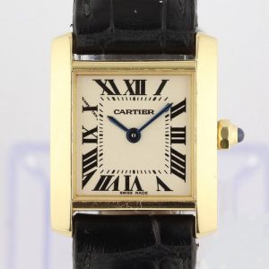 Cartier Tank Francaise Ladies 18ct Yellow Gold 2385 Quartz Watch, white dial, Roman numerals, blued steel hands, sapphire crystal, sapphire cabochon crown, Cartier black leather strap with 18ct yellow gold buckle.
