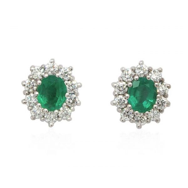 Pair of Emerald and Diamond Oval Cluster Stud Earrings, 1.19cts, central oval faceted emerald within brilliant cut diamond surround, 18ct gold