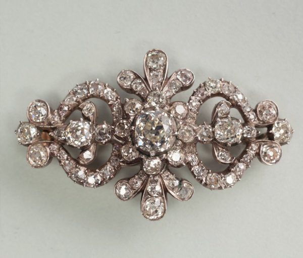 Antique Georgian Old Cut Diamond Brooch; exquisite openwork brooch set with old cut diamonds, 5.00 carat total, silver and gold. Circa 1850