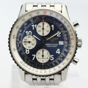Breitling Old Navitimer 41mm Blue Dial Automatic Chronograph Stainless Steel Watch, blue dial, Arabic numerals, date indicator, rotating bezel, Stainless steel bracelet with fold-over clasp, with Brietling papers