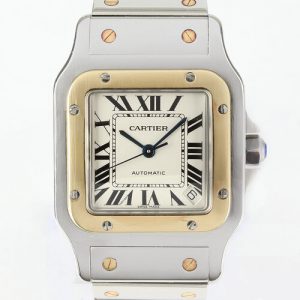 Cartier Santos Galbee 32mm Large Steel and Gold 2823 Automatic, white dial, Roman numerals, blued steel hands, date indicator at 4, sapphire crown, sapphire crystal, stainless steel bracelet with hidden clasp