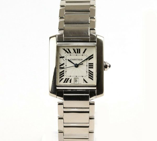 Cartier Gents Tank Française 18ct White Gold 28mm Automatic Rectangular Watch, silver guilloche dial, black Roman numerals, date aperture at 6, sapphire crystal glass, cabochon blue gem set crown, on Cartier 18ct bracelet with hidden double deployment clasp. With Cartier booklet and certificate dated 2006.