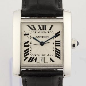 Cartier Tank Francaise Gents 18ct White Gold 2366 Automatic, 28mm, silvery-white dial, Roman numerals, date indicator at 6, cabochon crown, sapphire crystal, Cartier black leather strap with 18ct white gold deployant buckle.