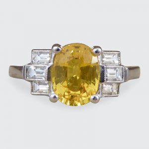 Art Deco Style 1.60ct Yellow Sapphire & Baguette Cut Diamond Ring