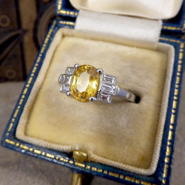 Art Deco Style 1.60ct Yellow Sapphire & Baguette Cut Diamond Ring