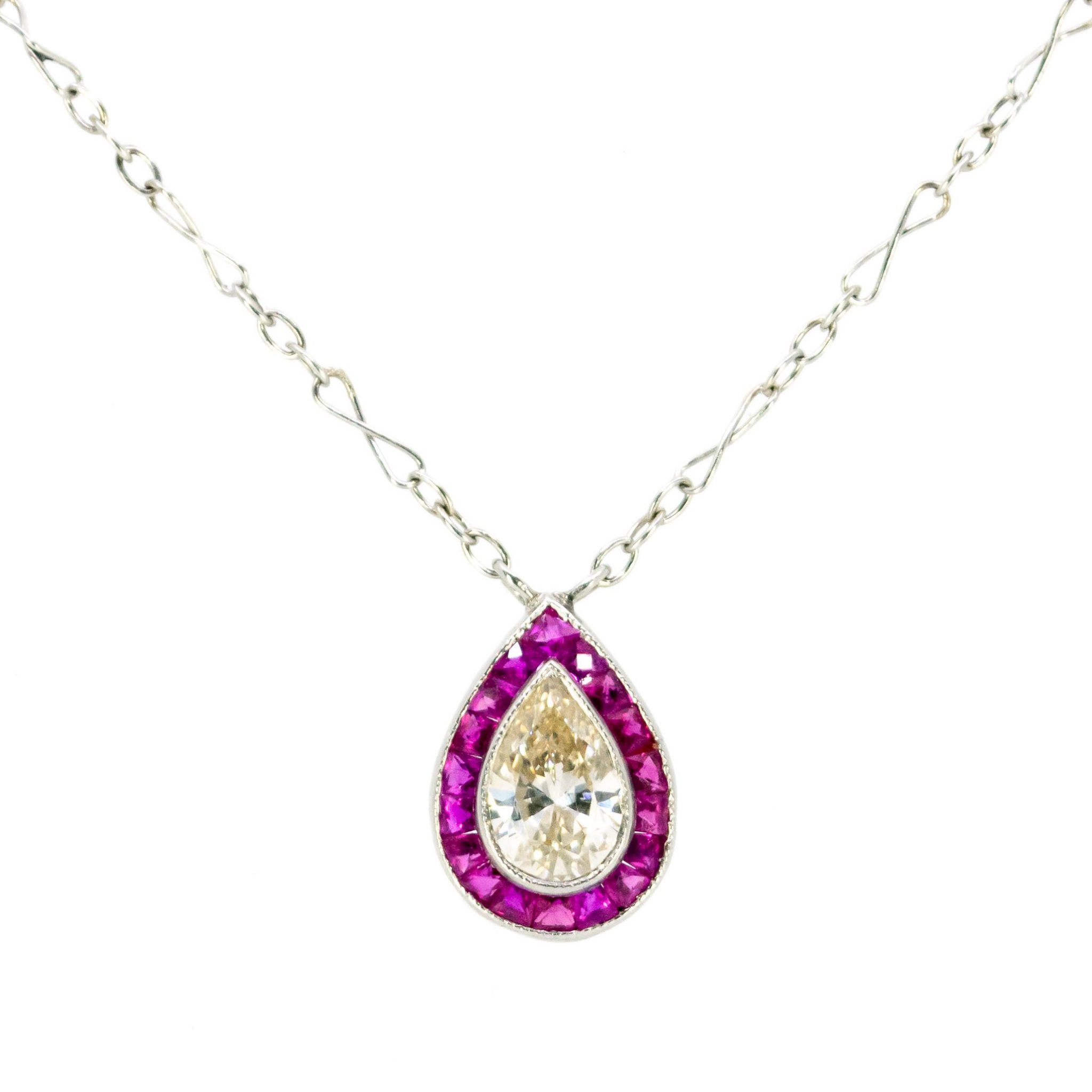 Art Deco Style 1ct Pear Shape Diamond and Ruby Pendant Necklace