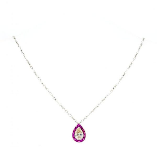 Art Deco Style 1ct Pear Shape Diamond and Ruby Pendant Necklace