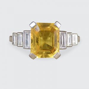 Art Deco Style 2ct Yellow Sapphire and Baguette Cut Diamond Ring