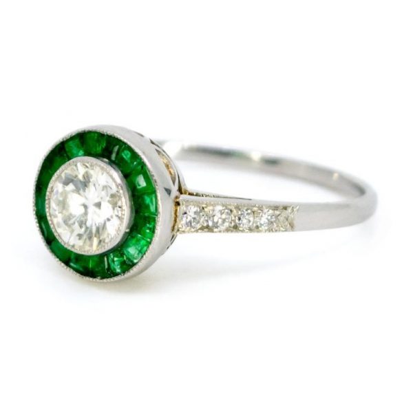Art Deco Style Diamond and Emerald Target Cluster Platinum Ring
