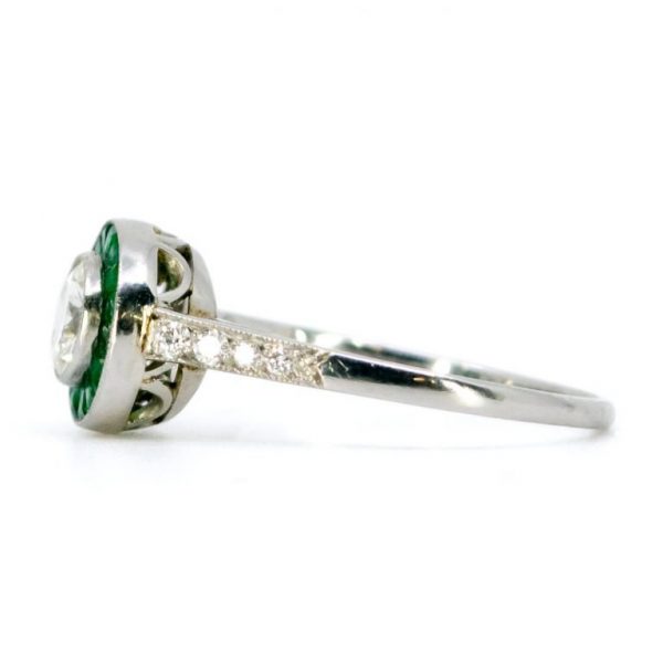 Art Deco Style Diamond and Emerald Target Cluster Platinum Ring