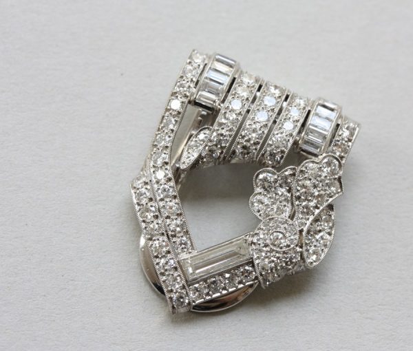 Art Deco 3.20ct Diamond Dress Clip, Signed Bailey Banks and Biddle; with curl and flower decor set with mixed-cut diamonds, in original case