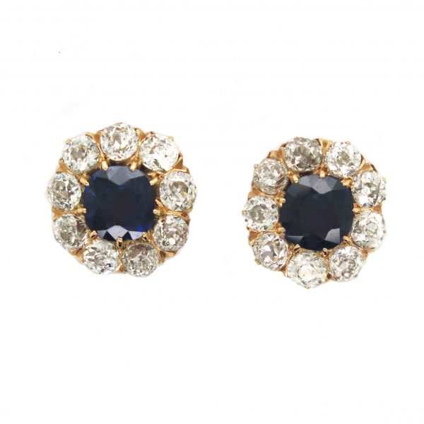 Antique Cushion cut Sapphire and diamond cluster earrings studs