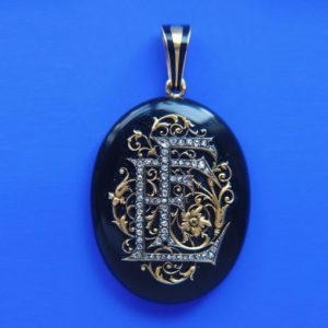 Antique Victorian Eliza Falize's Onyx, Diamond and 18ct Gold Oval Locket; bearing initials EF for Eliza, Alexis Falize’s wife, c.1860, France