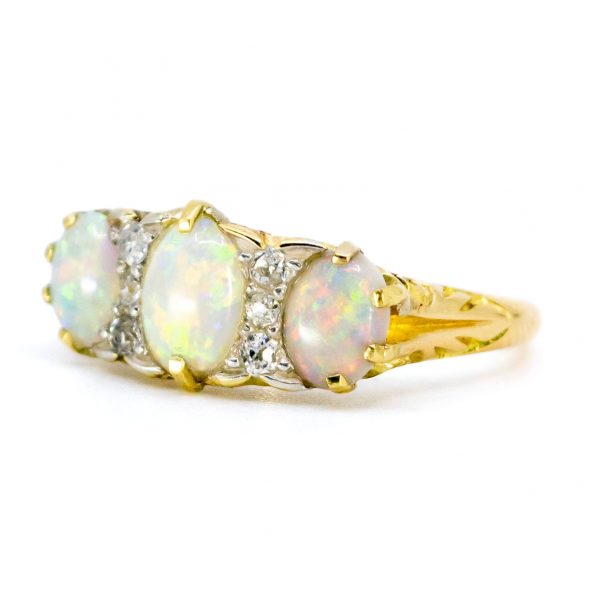 Victorian Style Opal and Old Mine Cut Diamond 18ct Gold Ring