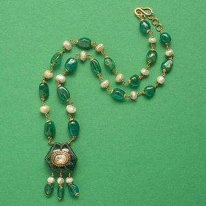 Antique Victorian Emerald, Diamond and 20ct Gold Necklace; emerald beads, pearls, Kundan set diamond in carved floral emerald pendant, India