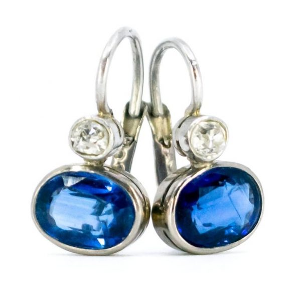 Vintage Sapphire and Old Mine Cut Diamond Drop Earrings