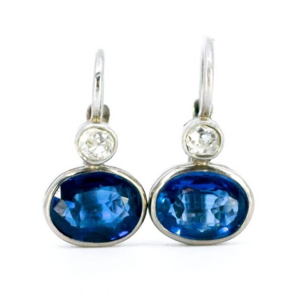 Vintage Sapphire and Old Mine Cut Diamond Drop Earrings
