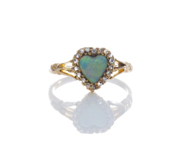 Antique Victorian Opal and Rose Cut Diamond Heart Cluster Ring; 0.75ct heart shaped opal surrounded by 0.36cts rose cut diamonds, 18ct yellow gold, Circa 1865
