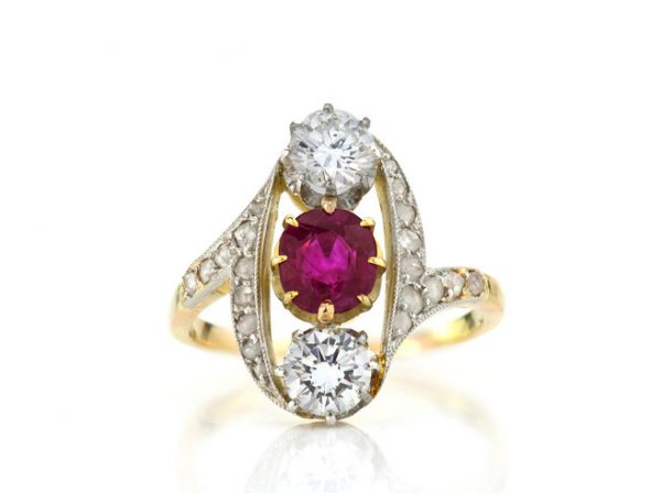 Vintage 1.30ct Natural Burma Ruby and Diamond Ring, rose-cut diamond halo, rose-cut diamond set shoulders, with GCS certificate. Circa 1960's