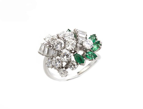 Vintage 1970s Abstract Diamond and Emerald Cluster Ring, 4cts baguette and brilliant diamonds, 1cts marquise-cut emeralds, 18ct white gold
