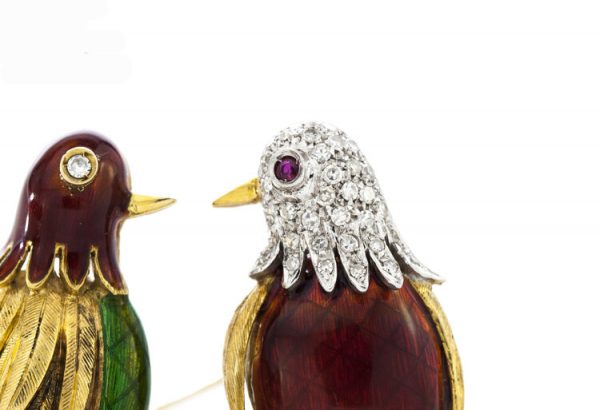Vintage Enamel, Diamond, Ruby and 18ct Yellow Gold Bird Brooch; in the shape of two birds standing on a branch, London Import Hallmarks 1965