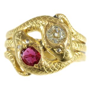 Antique Late Victorian Ruby and Diamond Gold Double Serpent Snake Ring