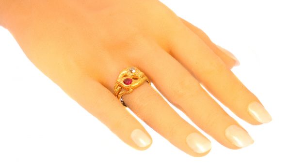 Antique Late Victorian Ruby and Diamond Gold Double Serpent Snake Ring