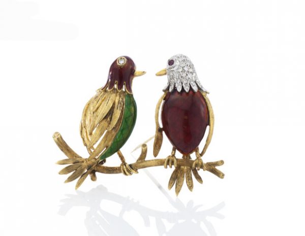 Vintage Enamel, Diamond, Ruby and 18ct Yellow Gold Bird Brooch; in the shape of two birds standing on a branch, London Import Hallmarks 1965