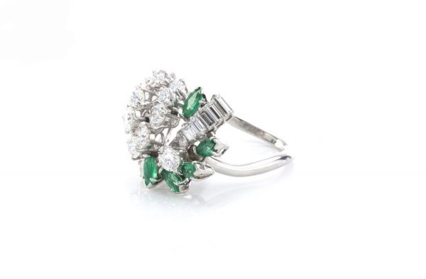 Vintage 1970s Abstract 4.00ct Diamond and Emerald Cluster Ring, in 18ct white gold