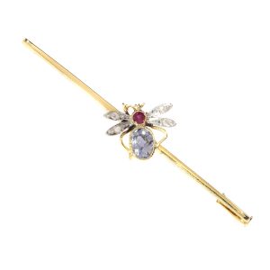 Vintage Bar Brooch with Insect Set with Ruby Sapphire and Rose Cut Diamonds