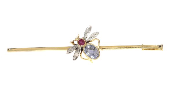 Vintage Bar Brooch with Insect Set with Ruby Sapphire and Rose Cut Diamonds