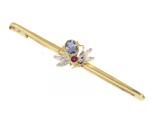 Vintage Bar Brooch with Insect Set with Ruby Sapphire and Rose Cut Diamonds