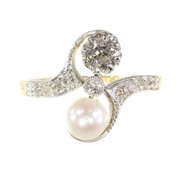 Antique Belle Epoque Diamond and Pearl Toi et Moi Engagement Ring