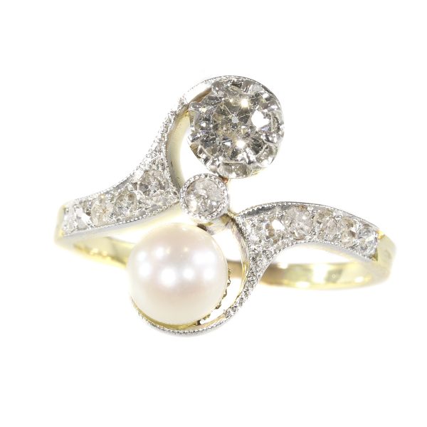 Antique Belle Epoque Diamond and Pearl Toi et Moi Engagement Ring