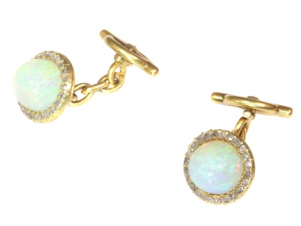 Antique Late Victorian Cabochon Opal Diamond 18ct Gold Cufflinks