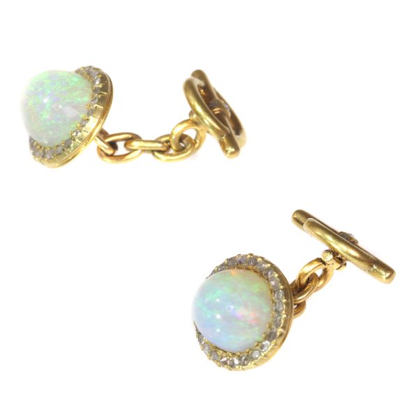 Antique Late Victorian Cabochon Opal Diamond 18ct Gold Cufflinks