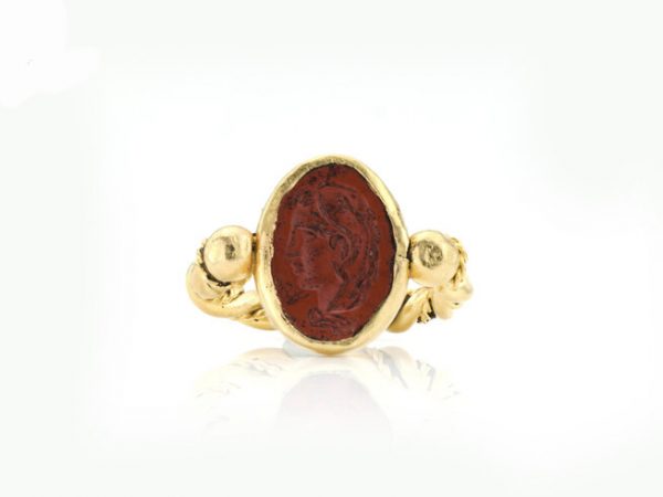Ancient 3rd Century AD Roman Empire Jasper Good Luck Intaglio Ring, mount tests as 22ct gold, with later added shank
