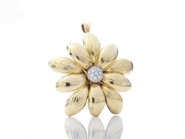 Vintage 1ct Diamond and 18ct Yellow Gold Flower Brooch Pendant; 18ct floral brooch come pendant set with brilliant cut diamonds, London 1995