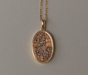 Antique Victorian 18ct Yellow Gold Oval Locket, open work scrolls, ornamental initial A set with rose cut diamonds. French, 19th century