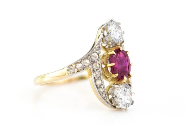 Vintage 1.30ct Natural Burma Ruby and Diamond Ring, rose-cut diamond halo, rose-cut diamond set shoulders, with GCS certificate. Circa 1960's