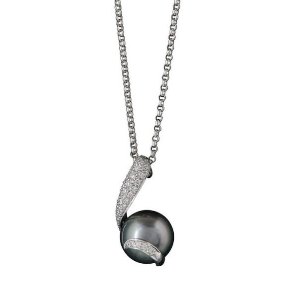 Dark Grey Pearl and Diamond Pendant; featuring a dark grey pearl with 0.26ct pavé-set diamond curl, in 18ct white gold, on 16” belcher chain